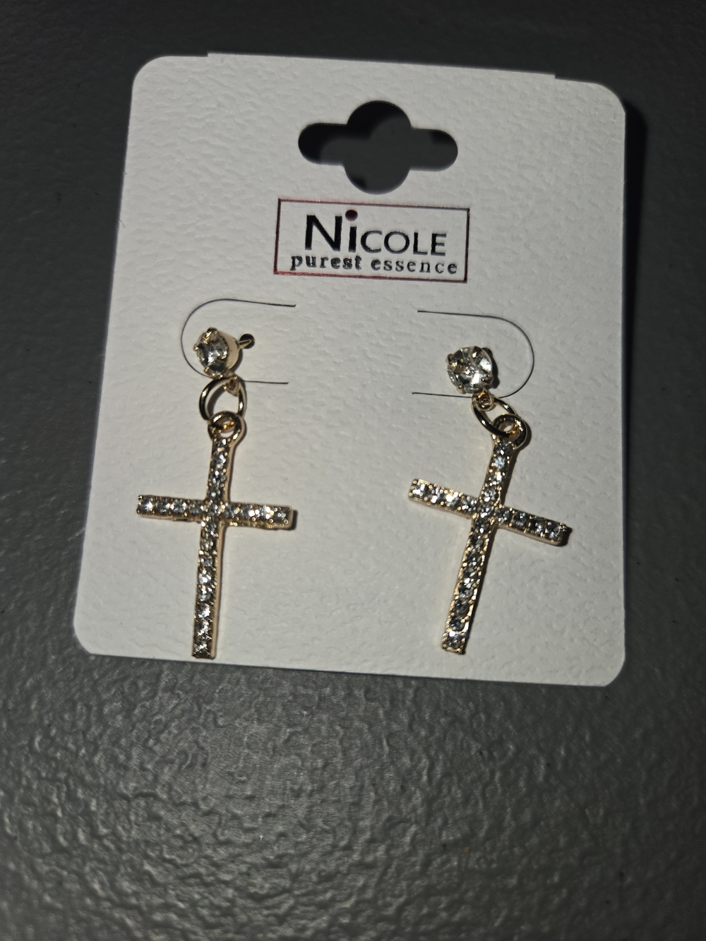 Nicole Gold-Tone Crystal Cross Drop Earrings - Gold. 1" Length.